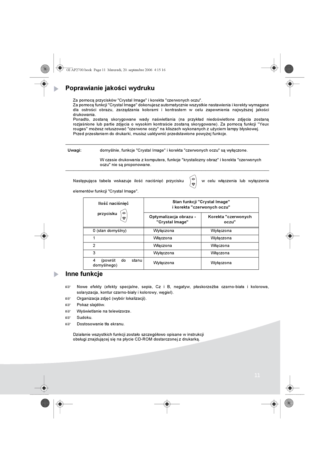 Ansco AP2700 manual Poprawianie jakości wydruku, Inne funkcje 