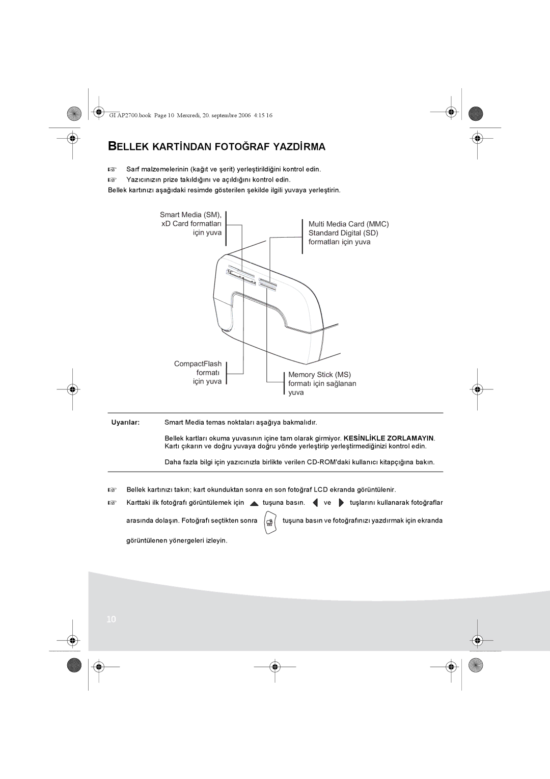 Ansco AP2700 manual Bellek Kartİndan Fotoğraf Yazdİrma, Uyarılar Smart Media temas noktaları aşağıya bakmalıdır 