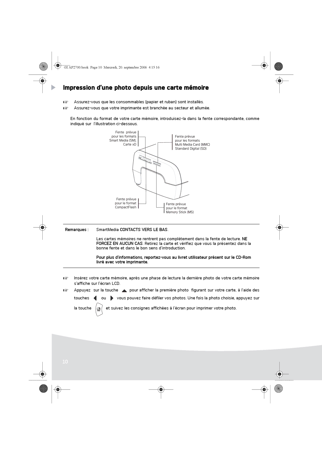 Ansco AP2700 manual Impression d’une photo depuis une carte mémoire, Remarques SmartMedia Contacts Vers LE BAS 