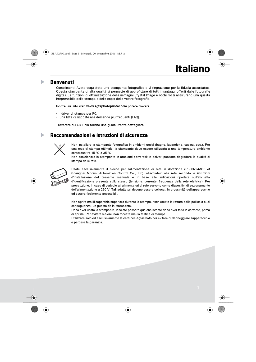 Ansco AP2700 manual Italiano, Benvenuti, Raccomandazioni e istruzioni di sicurezza 