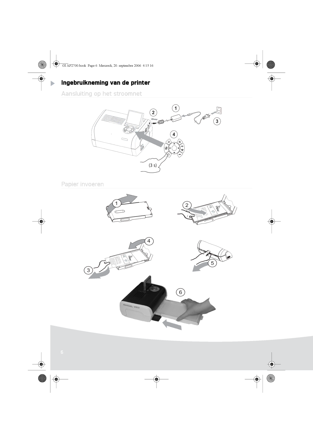 Ansco AP2700 manual Ingebruikneming van de printer, Aansluiting op het stroomnet Papier invoeren 