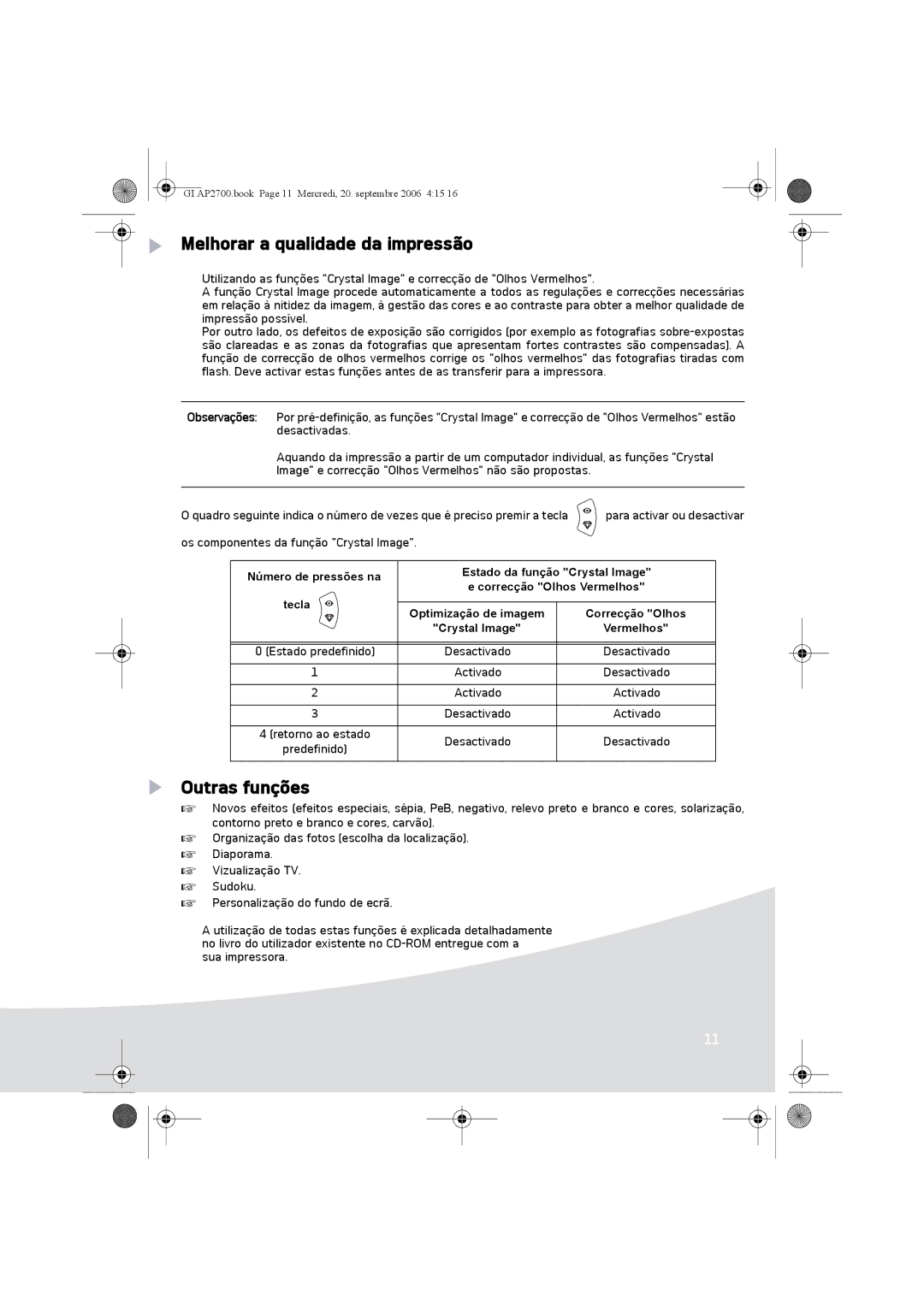 Ansco AP2700 manual Melhorar a qualidade da impressão, Outras funções, Tecla 