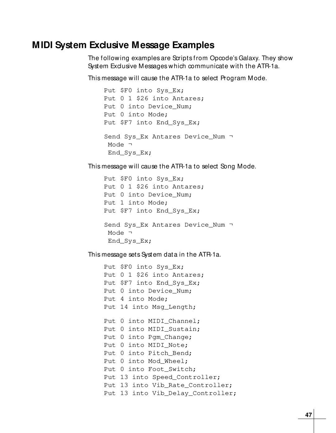 Antares ATR-1a manual Midi System Exclusive Message Examples 