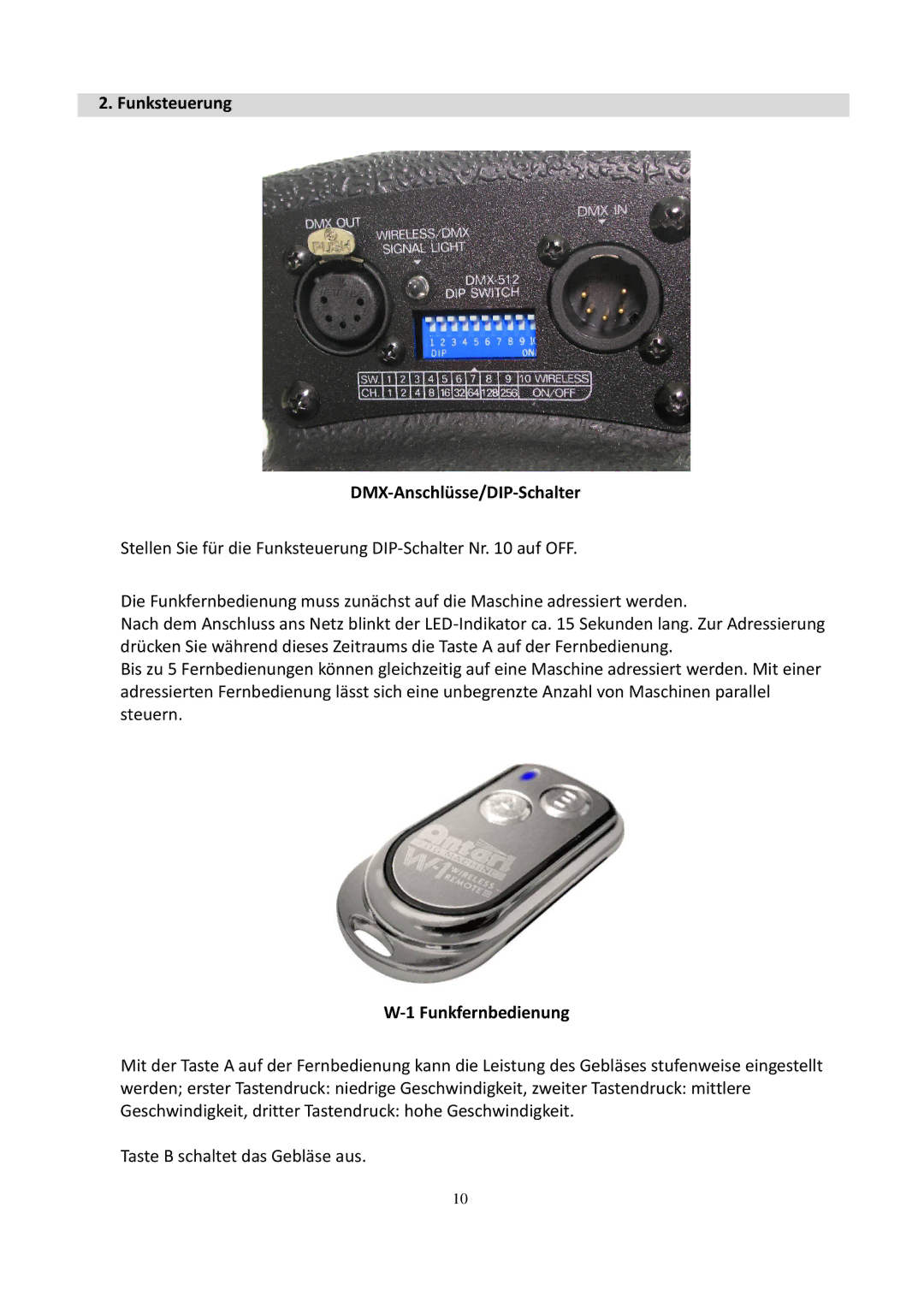 Antari Lighting and Effects AF-5 user manual Funksteuerung DMX-Anschlüsse/DIP-Schalter, Funkfernbedienung 