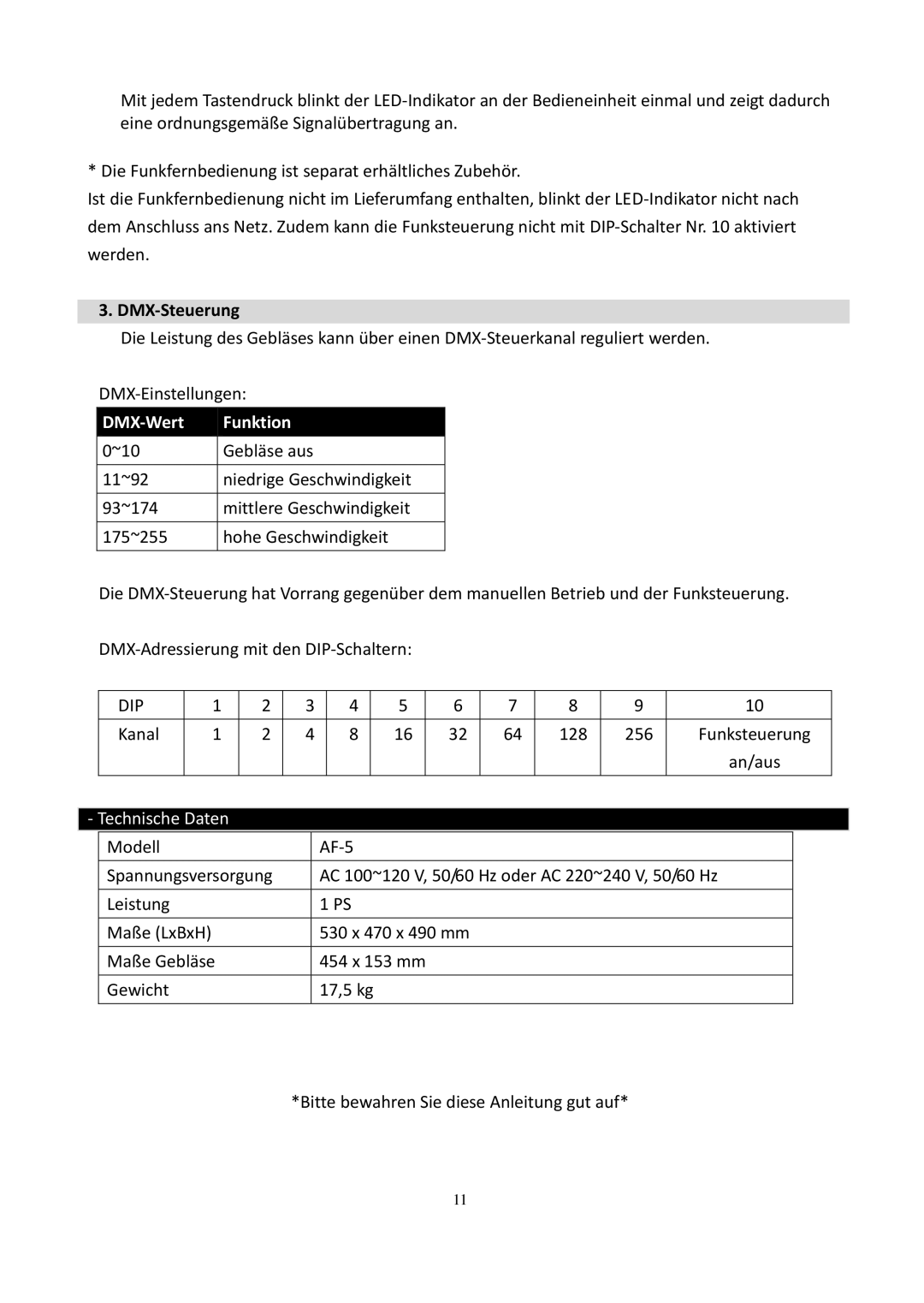 Antari Lighting and Effects AF-5 user manual DMX-Steuerung, Technische Daten 