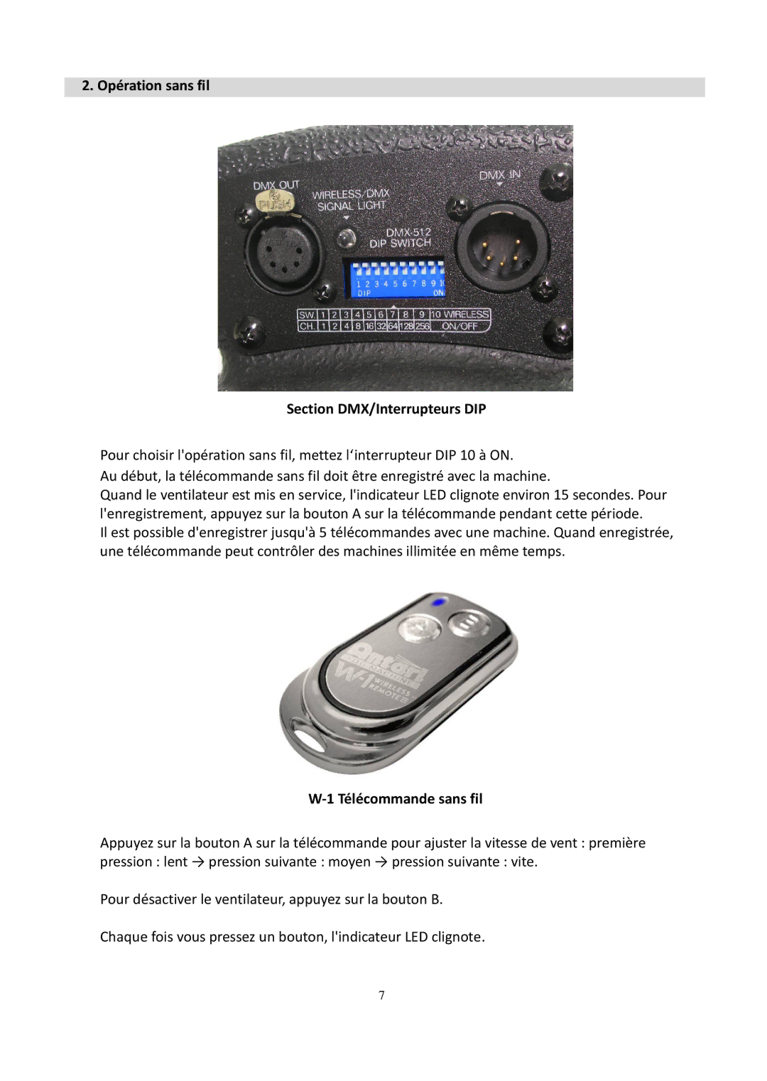 Antari Lighting and Effects AF-5 user manual Opération sans fil Section DMX/Interrupteurs DIP, Télécommande sans fil 