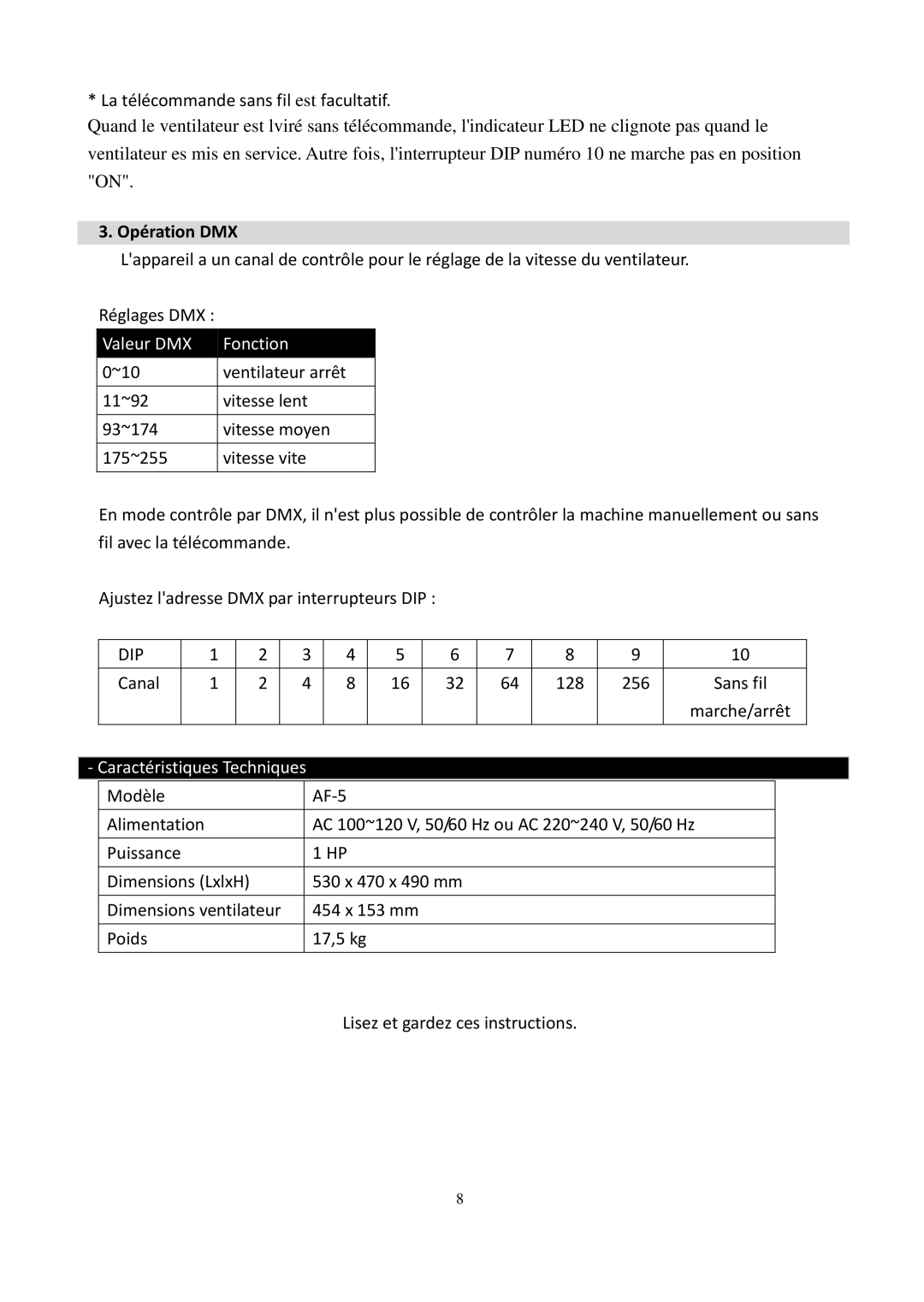 Antari Lighting and Effects AF-5 user manual Opération DMX, Valeur DMX Fonction, Caractéristiques Techniques 