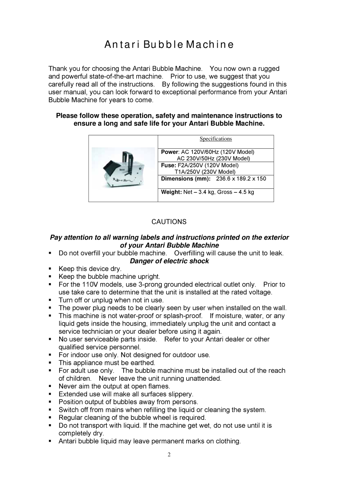 Antari Lighting and Effects B-100(X) user manual Antari Bubble Machine 