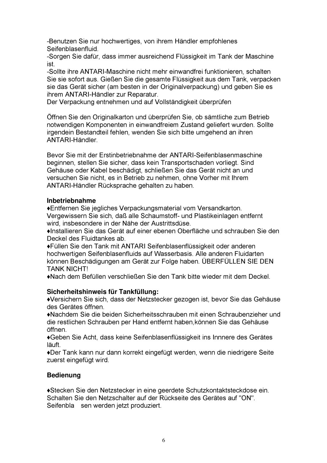 Antari Lighting and Effects B-100(X) user manual Inbetriebnahme, Sicherheitshinweis für Tankfüllung, Bedienung 