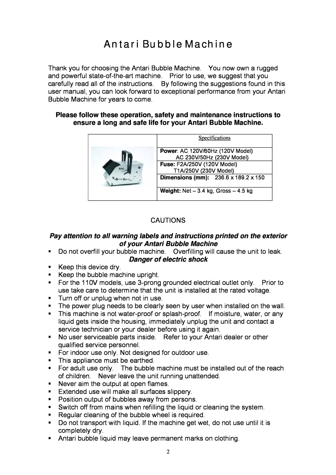 Antari Lighting and Effects B-100(X) user manual of your Antari Bubble Machine, Danger of electric shock 