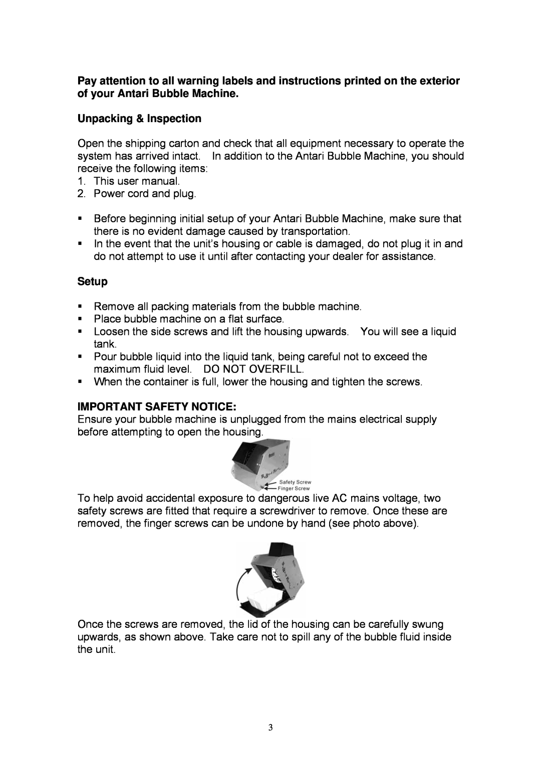 Antari Lighting and Effects B-100(X) user manual Unpacking & Inspection, Setup, Important Safety Notice 