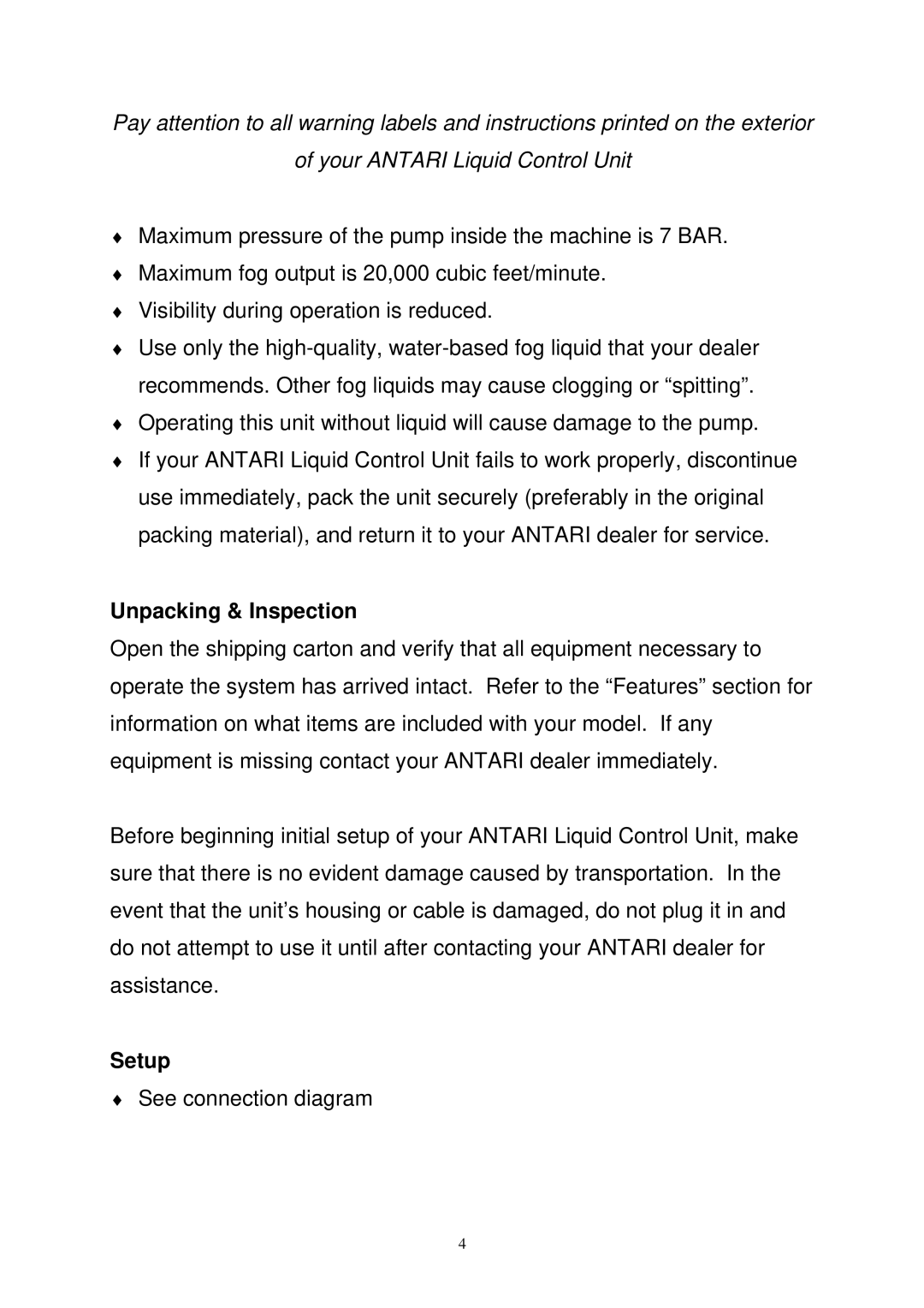 Antari Lighting and Effects LCU-1 user manual Unpacking & Inspection, Setup 