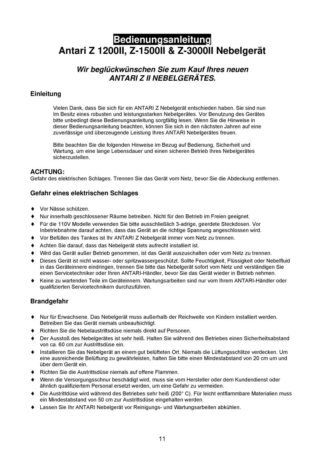 Antari Lighting and Effects Z-3000II user manual Einleitung, Gefahr eines elektrischen Schlages, Brandgefahr 