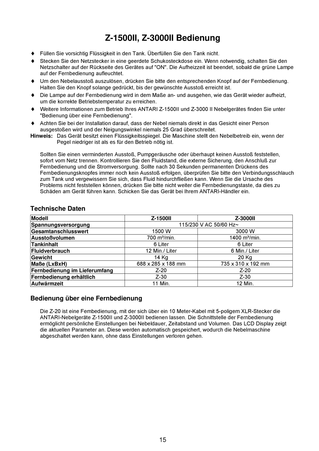 Antari Lighting and Effects user manual 1500II, Z-3000II Bedienung 