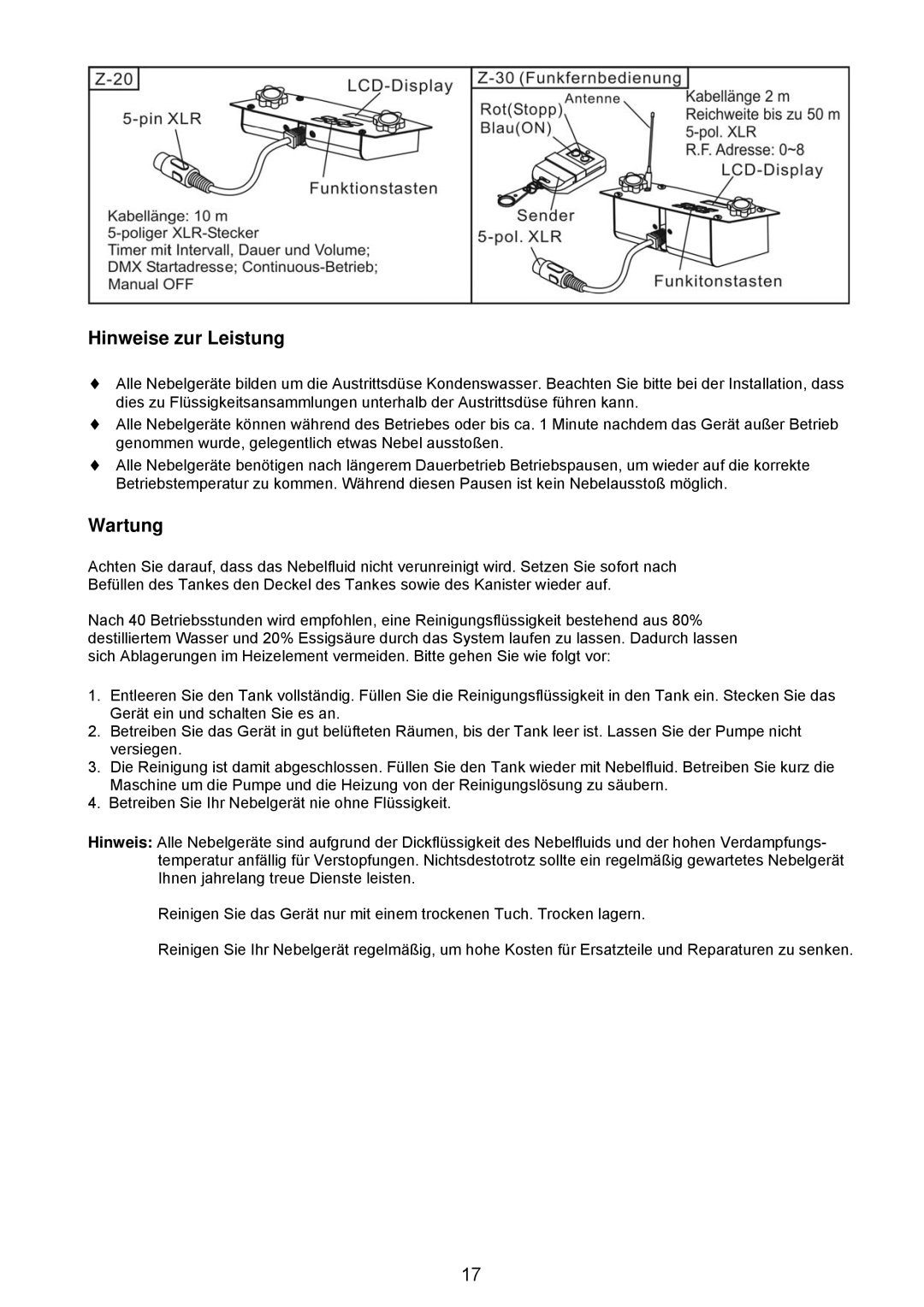 Antari Lighting and Effects Z-3000II user manual Hinweise zur Leistung, Wartung 