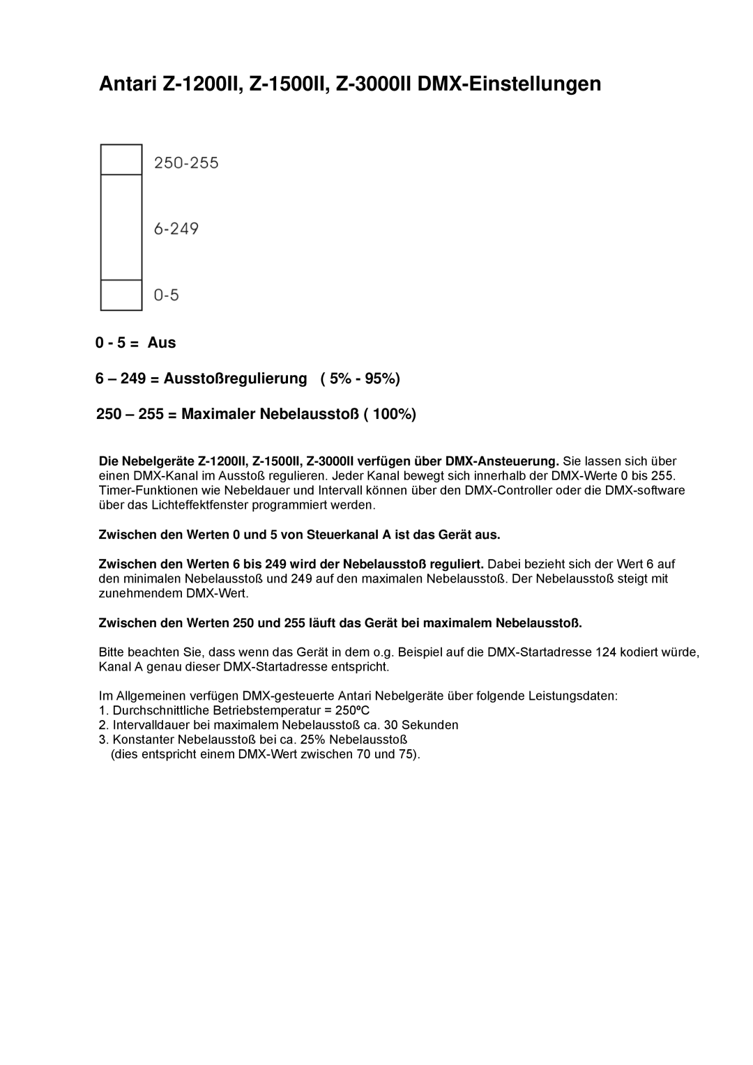 Antari Lighting and Effects user manual Antari Z-1200II, Z-1500II, Z-3000II DMX-Einstellungen 