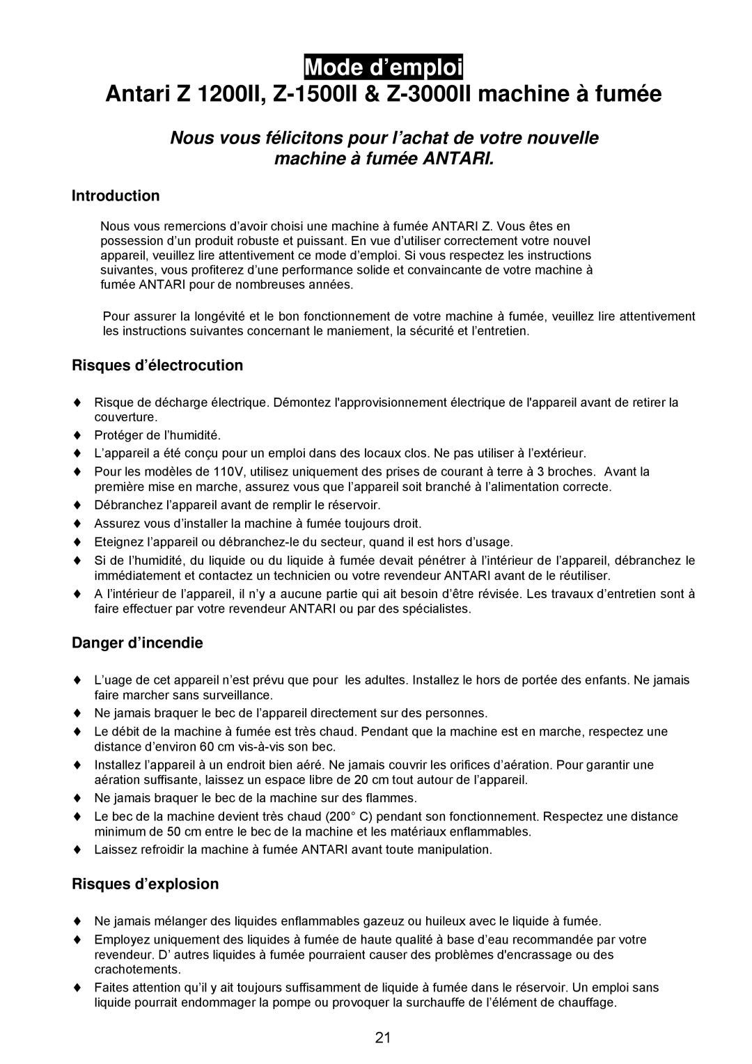 Antari Lighting and Effects Z-3000II user manual Risques d’électrocution, Risques d’explosion 