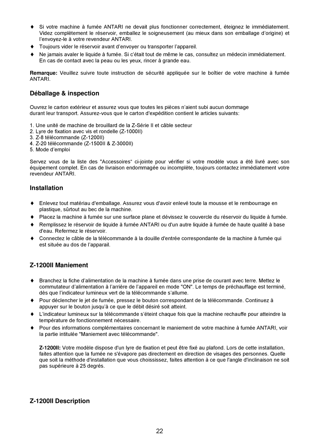 Antari Lighting and Effects Z-3000II user manual Déballage & inspection, Installation, 1200II Maniement 