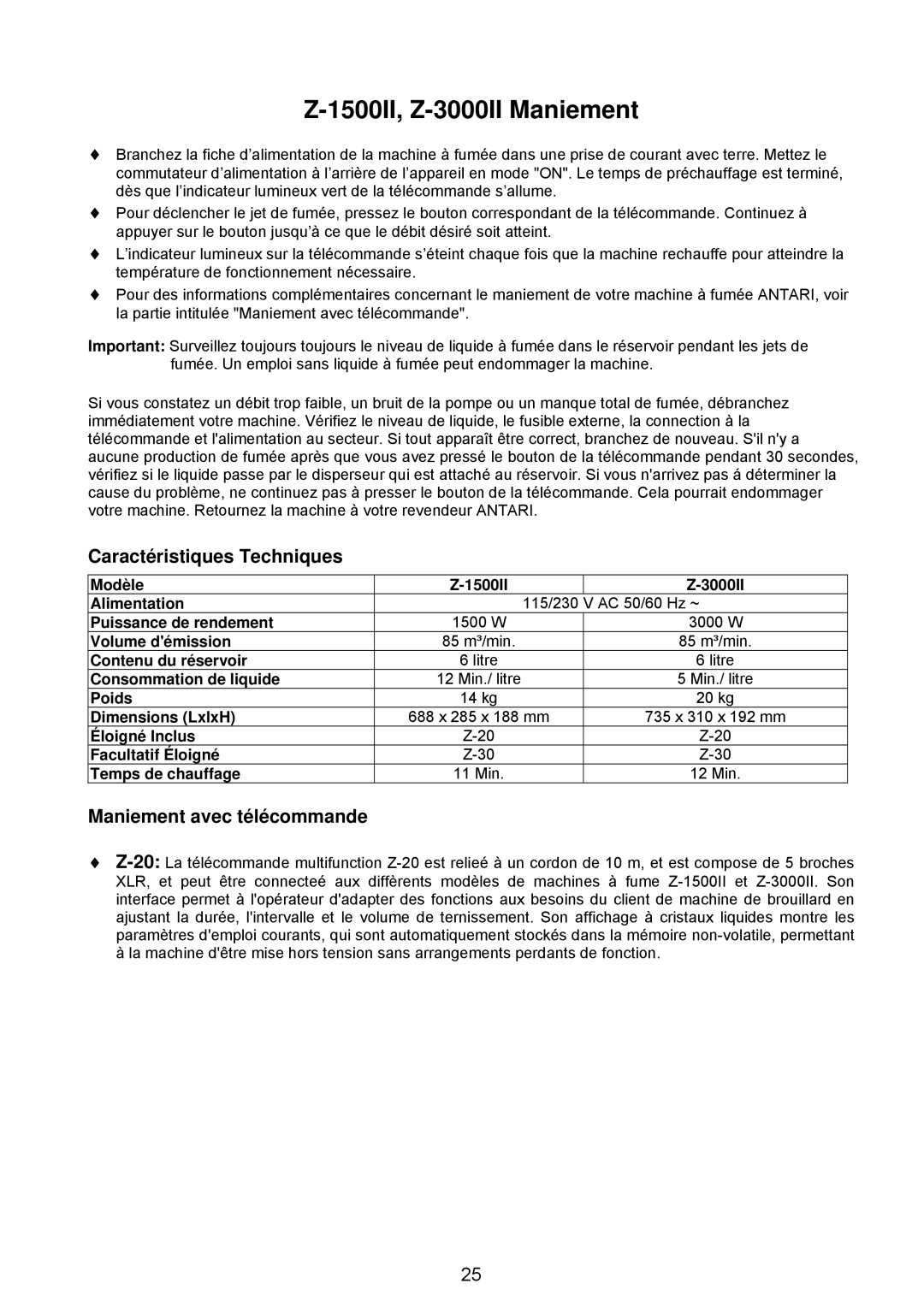 Antari Lighting and Effects user manual 1500II, Z-3000II Maniement 