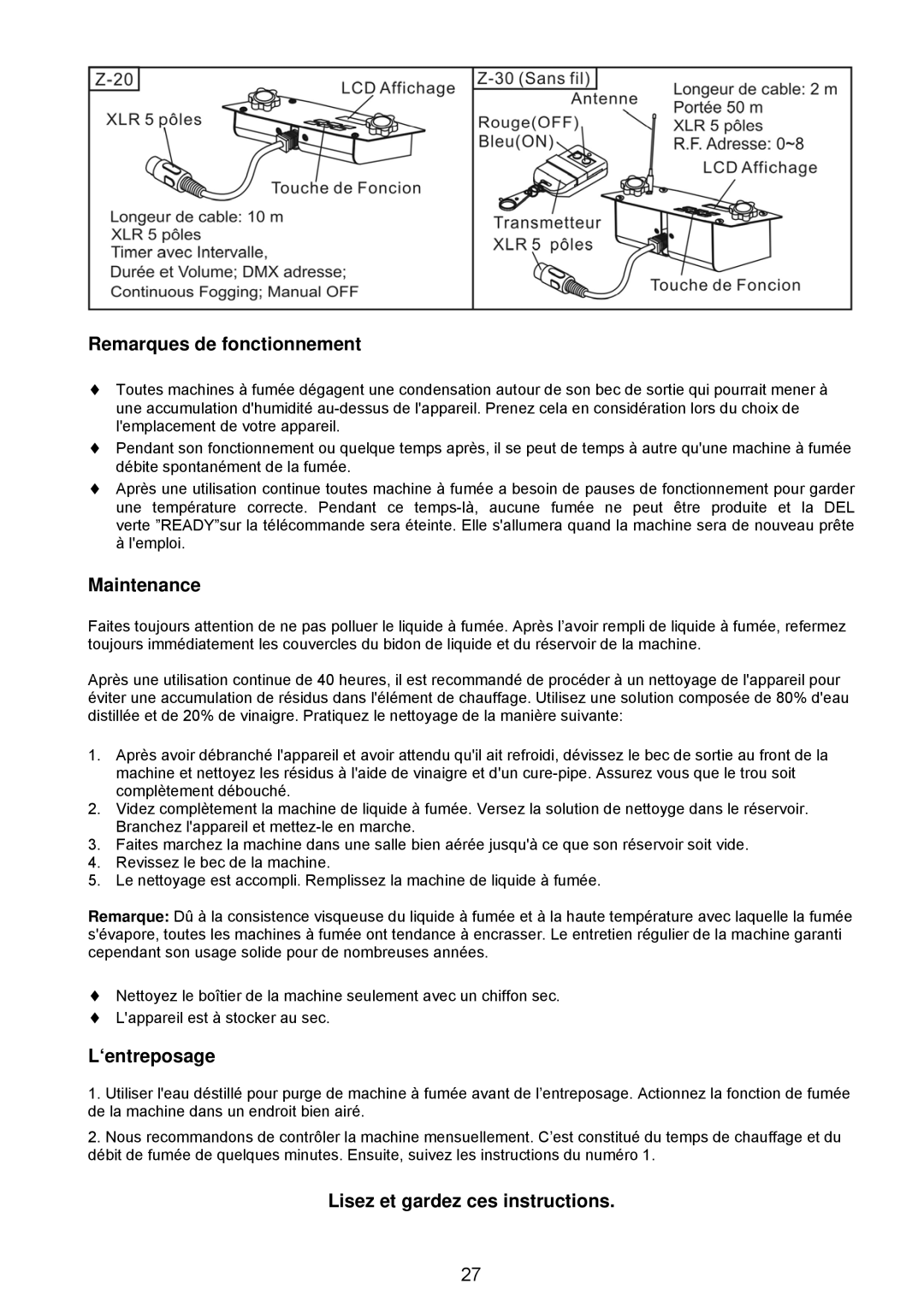 Antari Lighting and Effects Z-3000II user manual Remarques de fonctionnement, ‘entreposage 