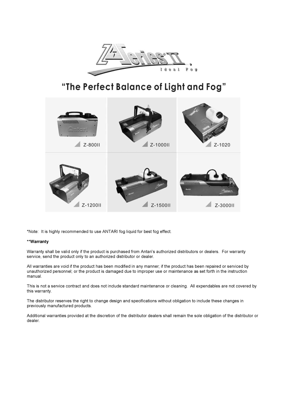 Antari Lighting and Effects Z-3000II user manual Warranty 