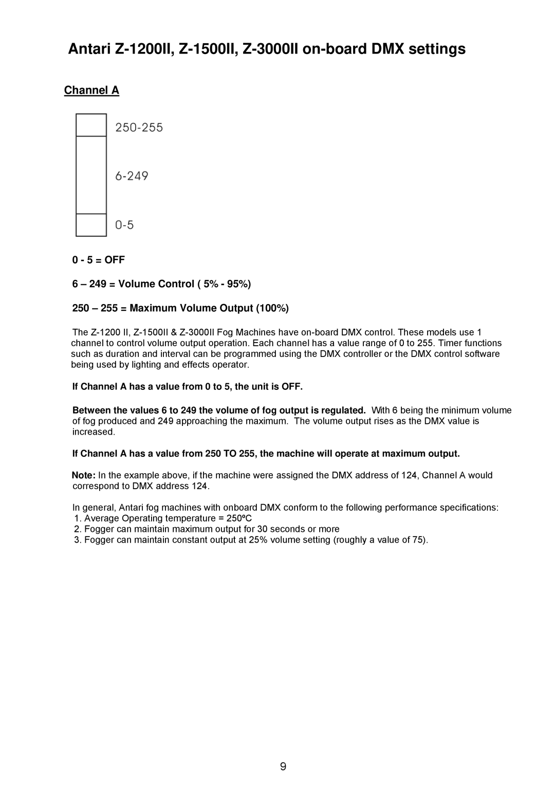 Antari Lighting and Effects user manual Antari Z-1200II, Z-1500II, Z-3000II on-board DMX settings, Channel a 