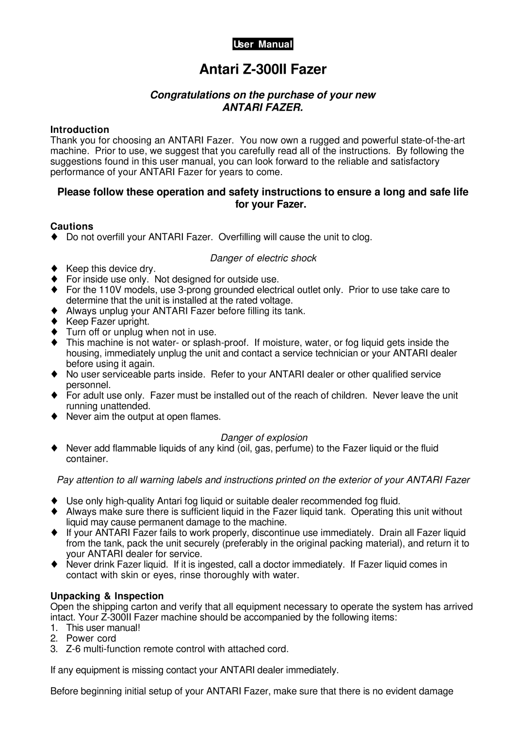 Antari Lighting and Effects Z-300II user manual Introduction, Unpacking & Inspection 