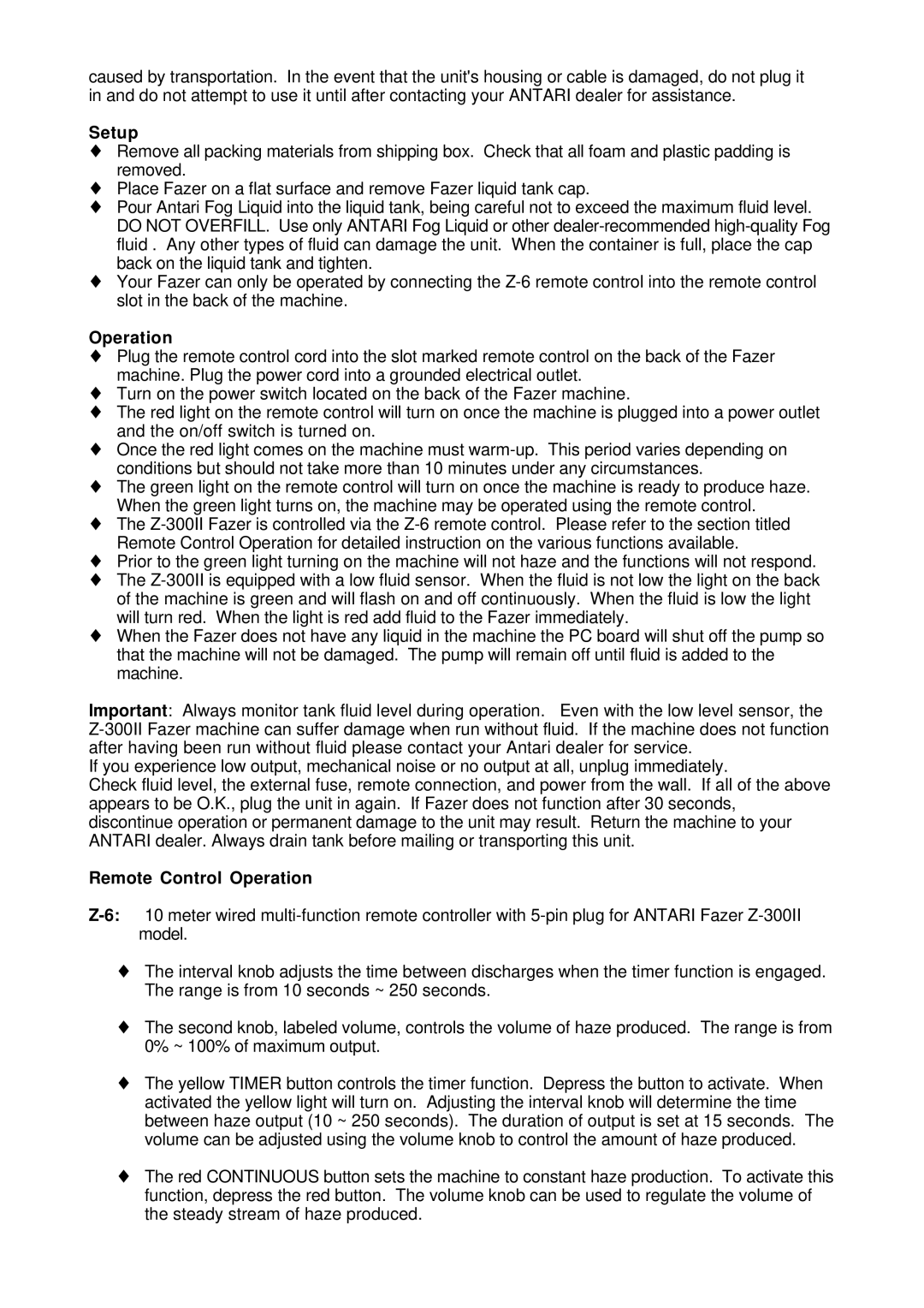 Antari Lighting and Effects Z-300II user manual Setup, Remote Control Operation 