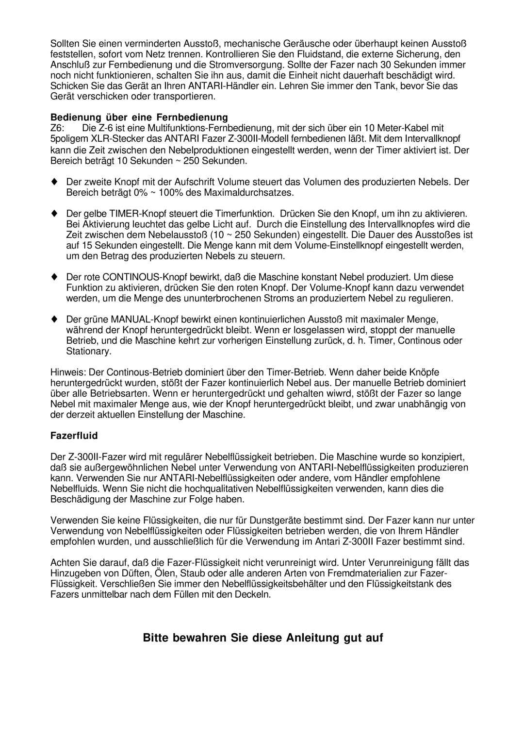 Antari Lighting and Effects Z-300II user manual Bedienung über eine Fernbedienung, Fazerfluid 