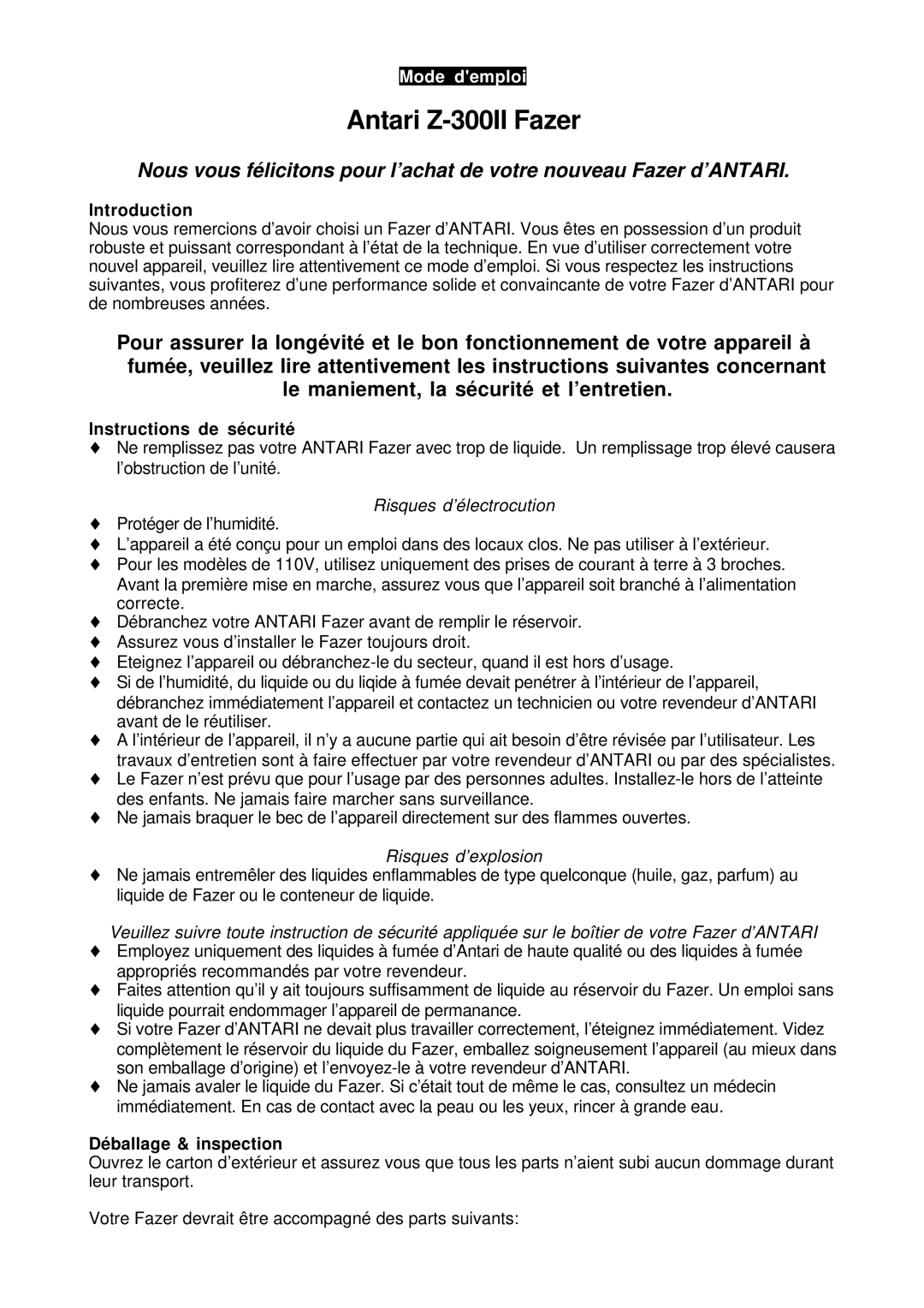 Antari Lighting and Effects Z-300II user manual Instructions de sécurité, Déballage & inspection 