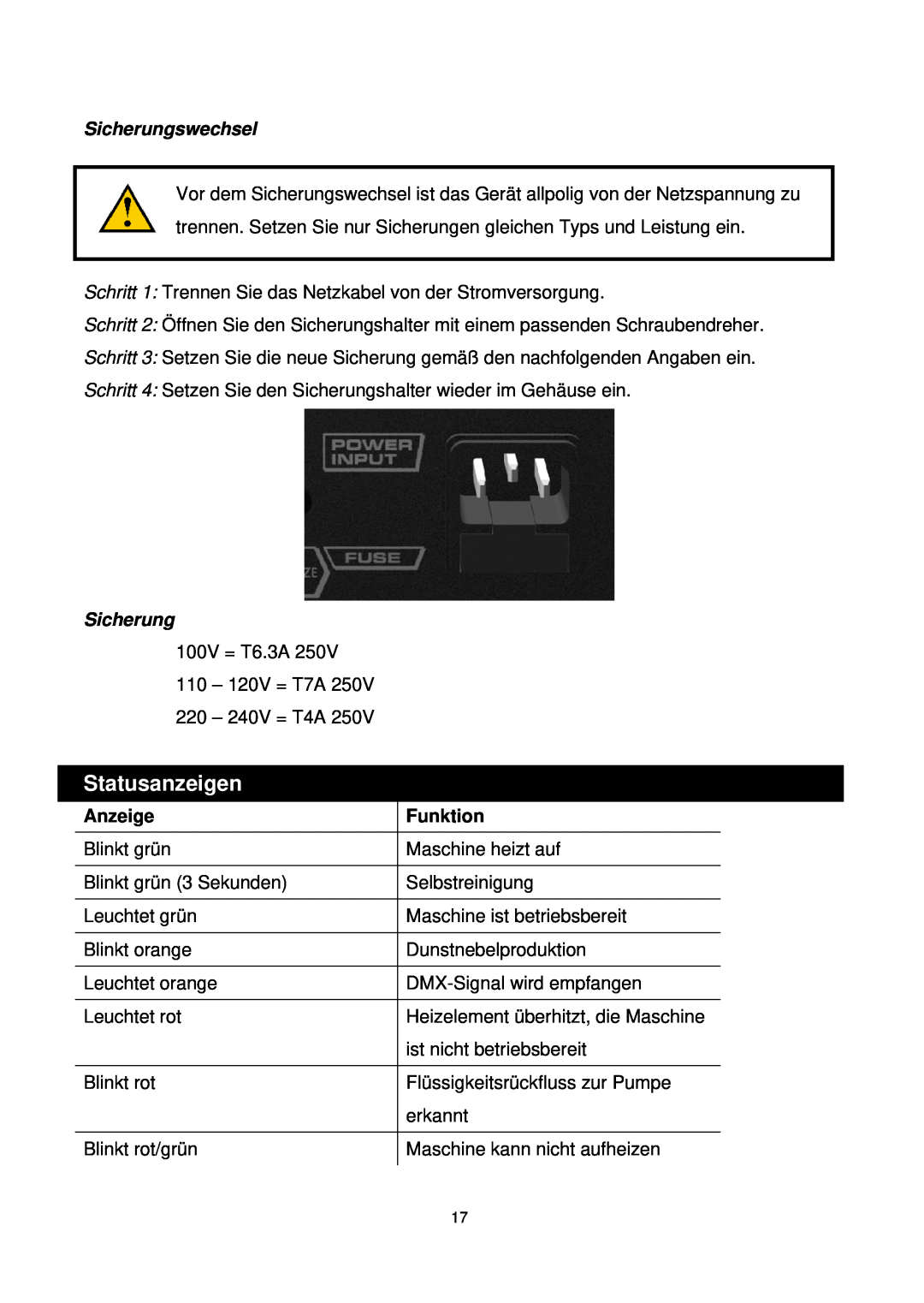 Antari Lighting and Effects Z-350 user manual Statusanzeigen, Sicherungswechsel, Anzeige, Funktion 