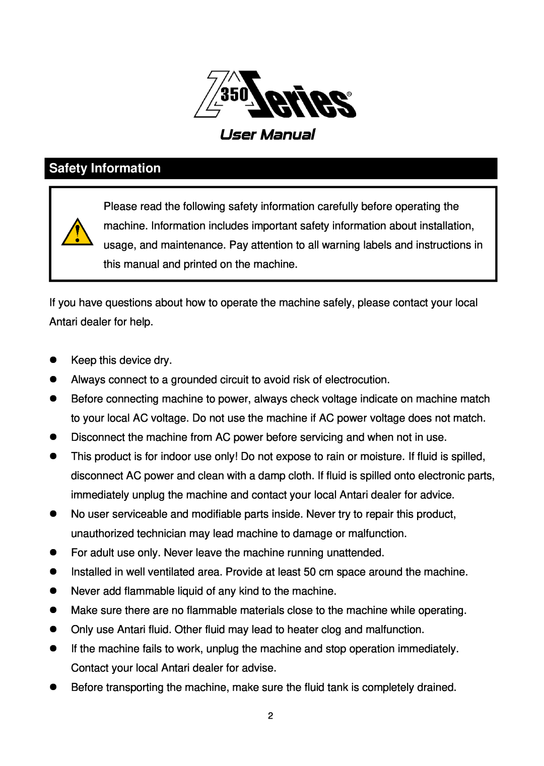 Antari Lighting and Effects Z-350 user manual Safety Information, User Manual 