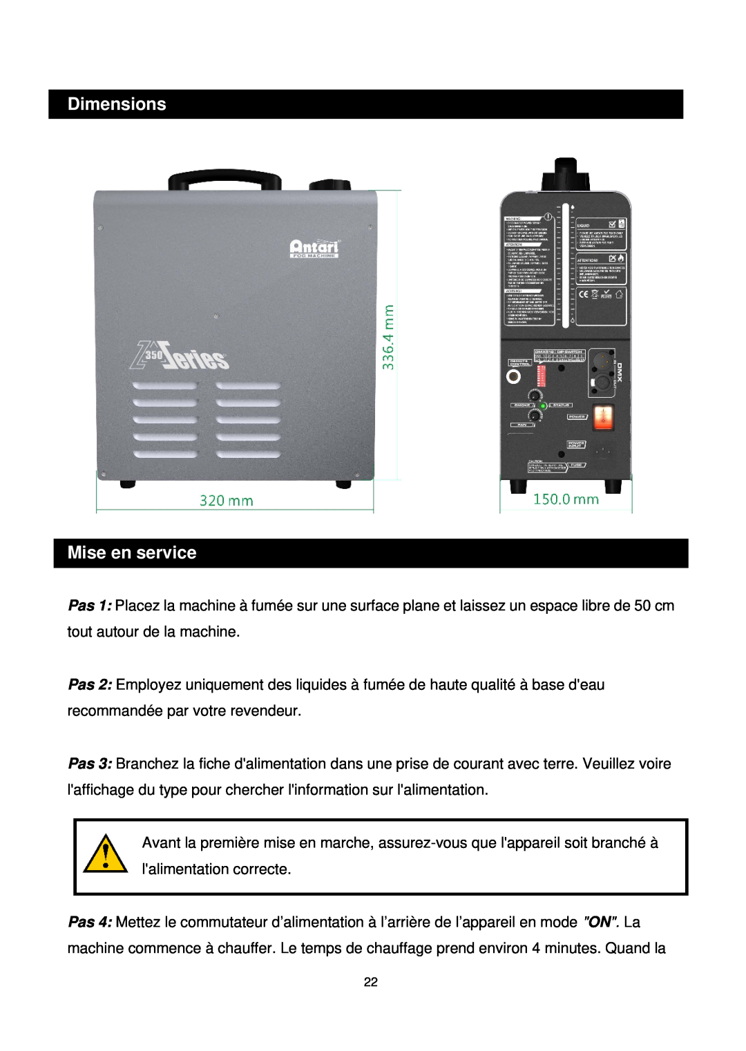 Antari Lighting and Effects Z-350 user manual Dimensions Mise en service 