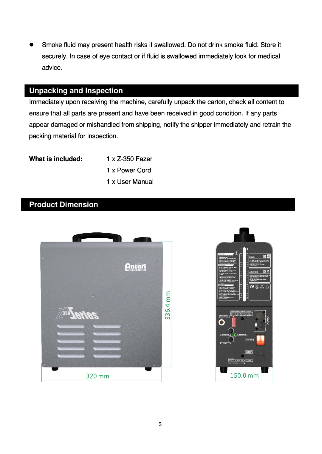 Antari Lighting and Effects Z-350 user manual Unpacking and Inspection, Product Dimension, What is included 
