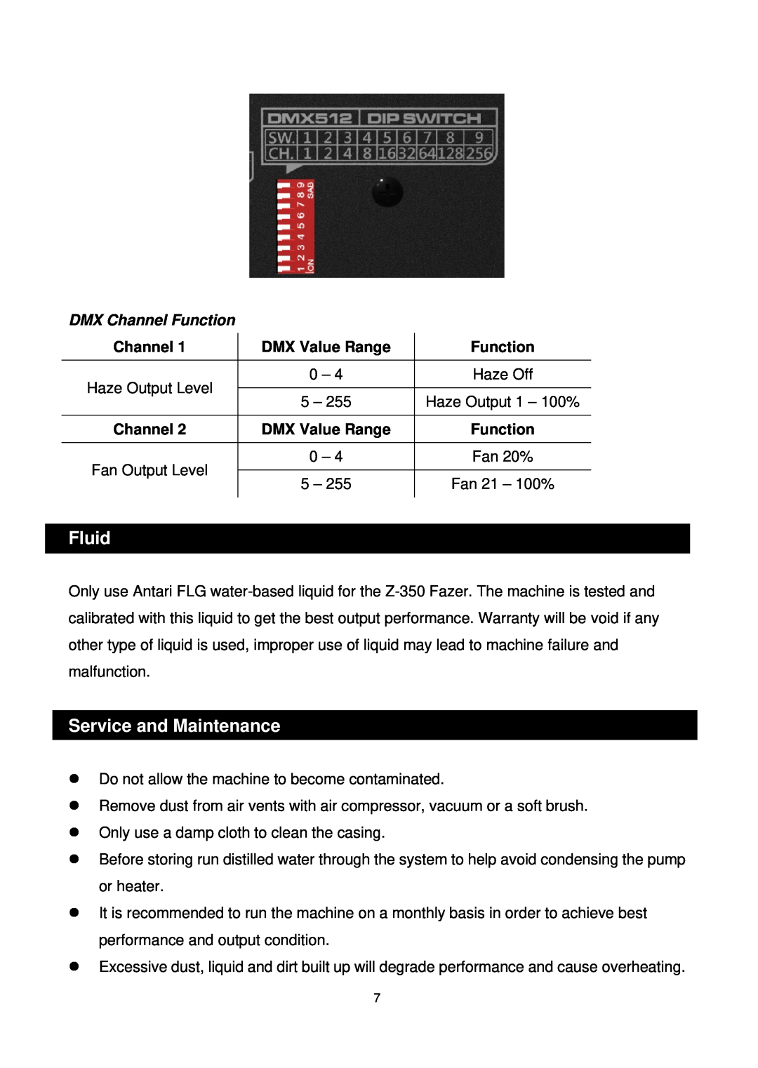 Antari Lighting and Effects Z-350 user manual Fluid, Service and Maintenance, Channel, DMX Value Range, Function 