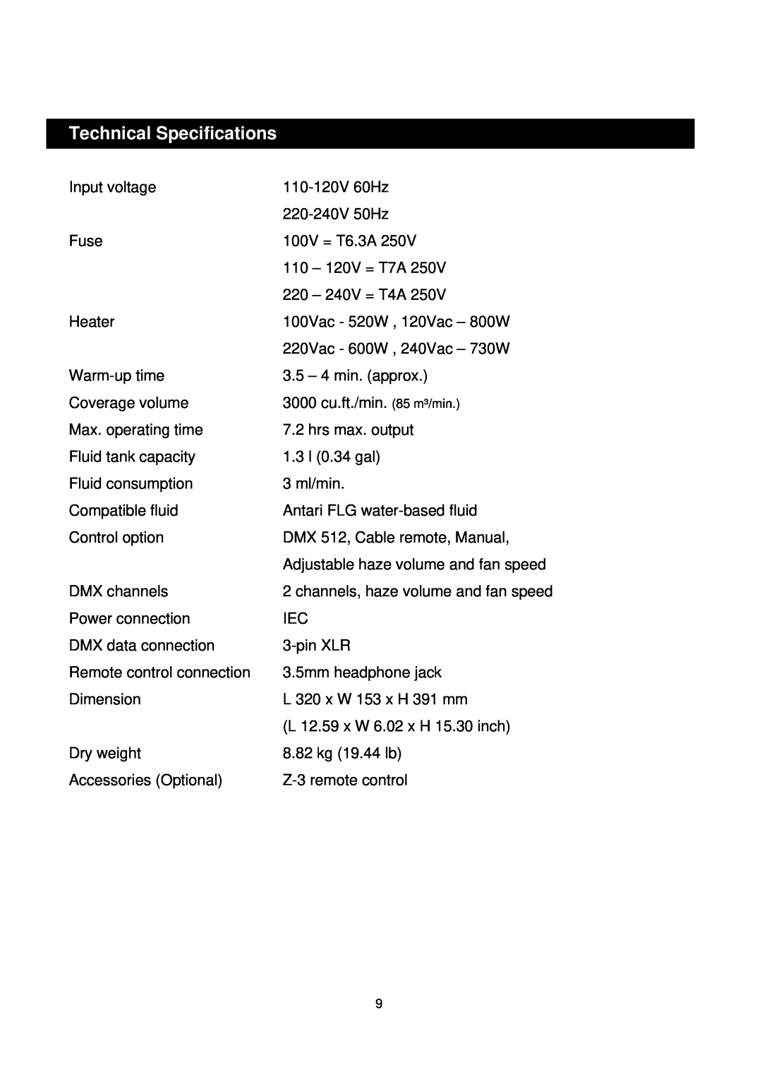 Antari Lighting and Effects Z-350 user manual Technical Specifications 