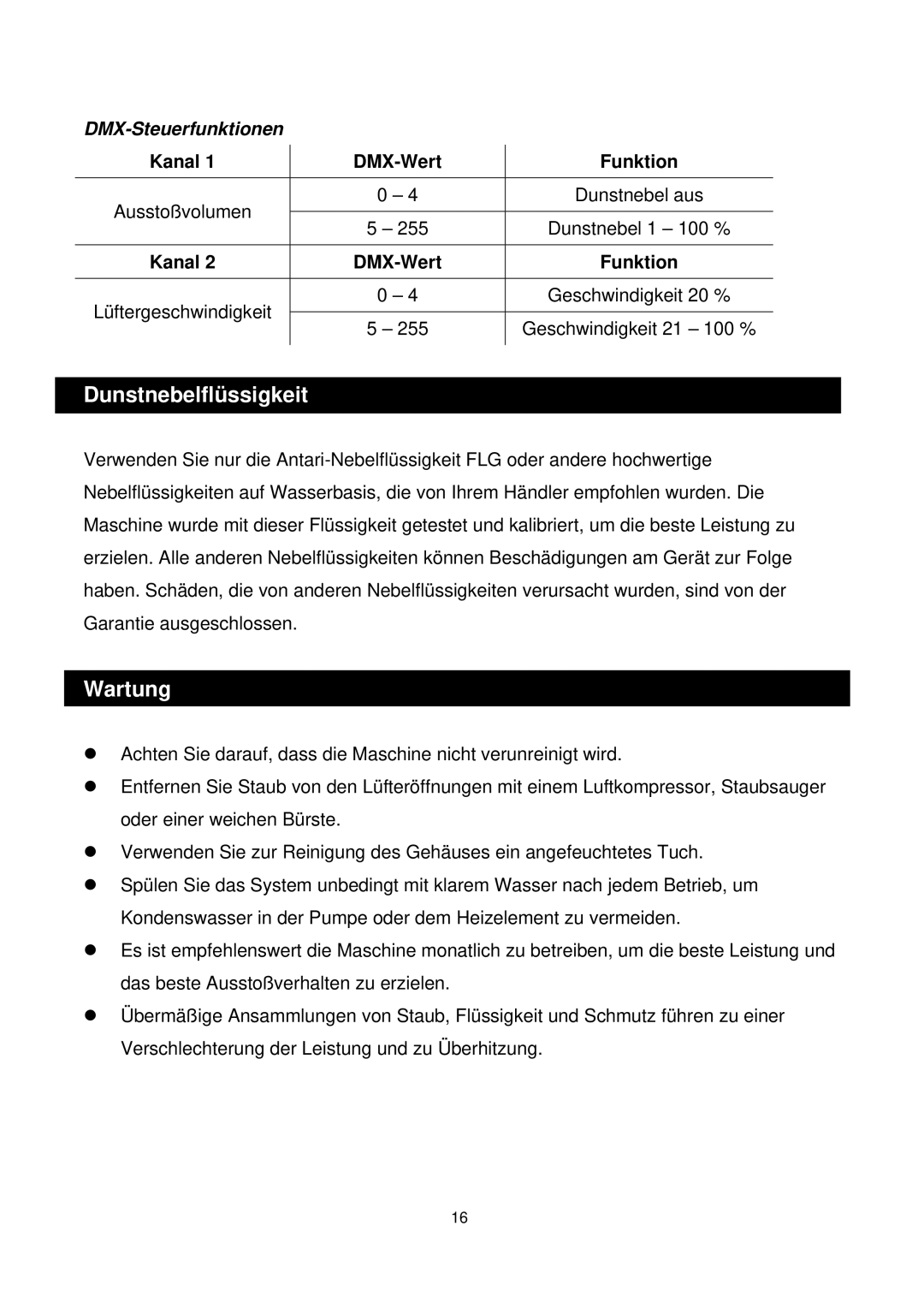 Antari Lighting and Effects Z-350 user manual Dunstnebelflüssigkeit, Wartung 