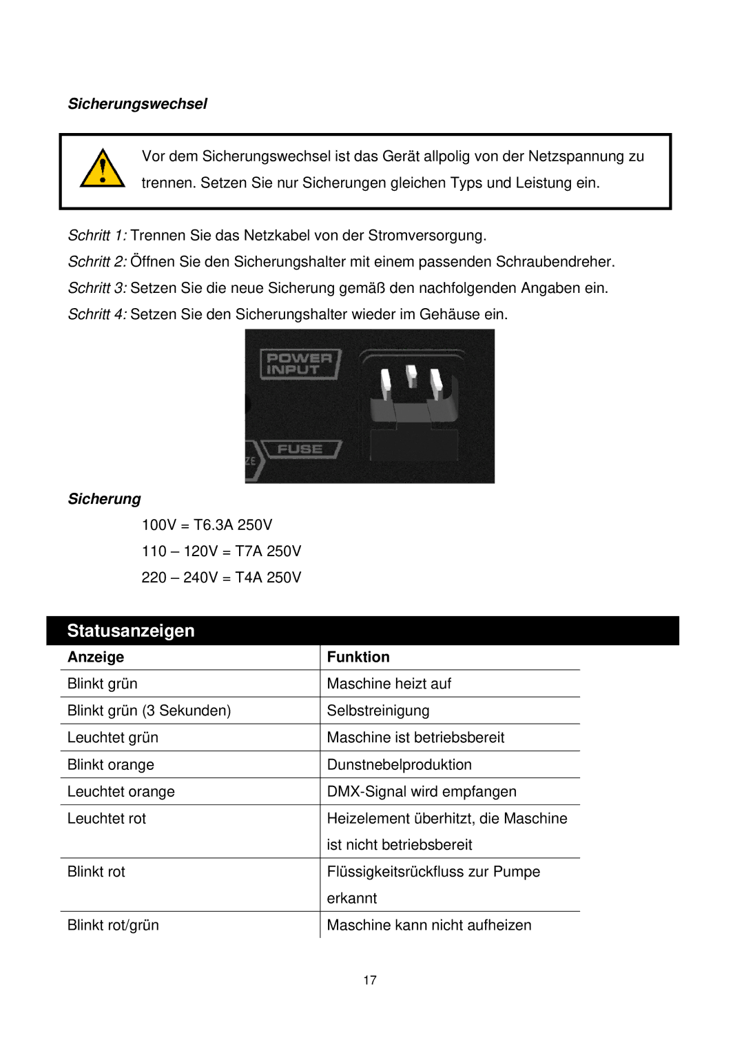 Antari Lighting and Effects Z-350 user manual Statusanzeigen, Sicherungswechsel 