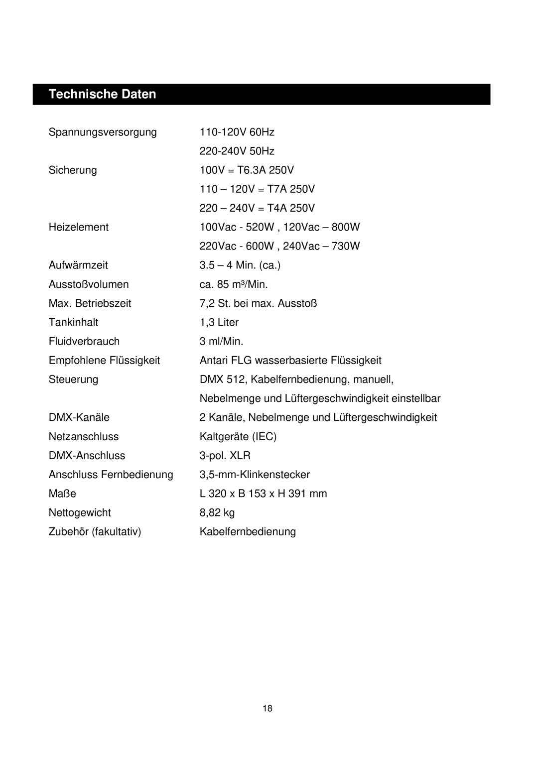 Antari Lighting and Effects Z-350 user manual Technische Daten 