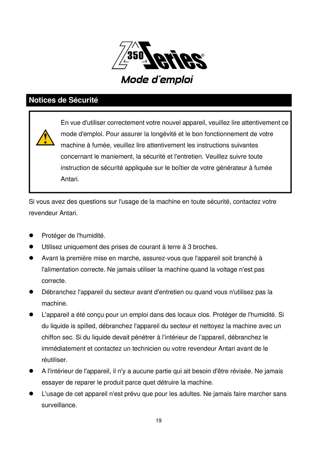 Antari Lighting and Effects Z-350 user manual Mode demploi 