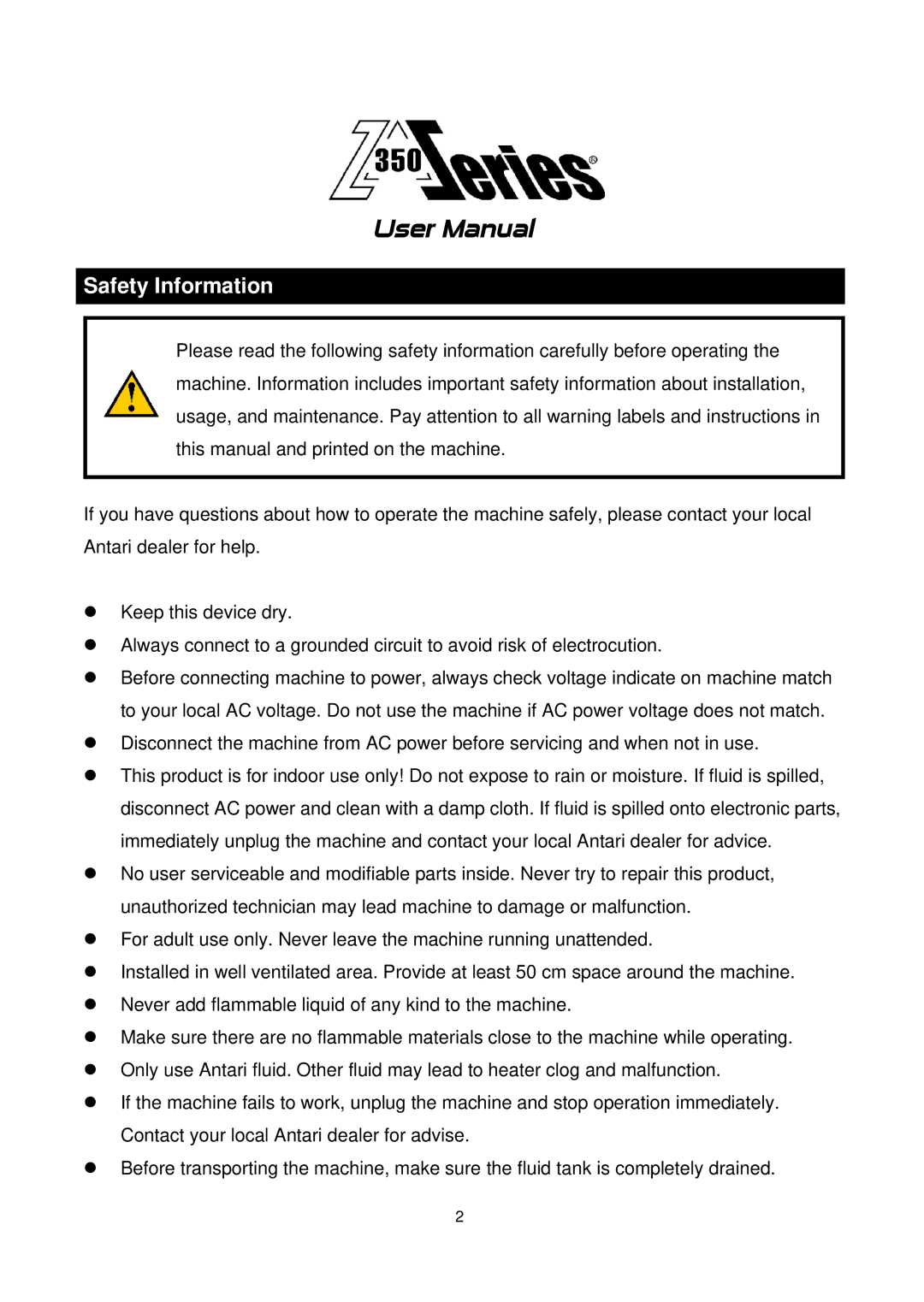 Antari Lighting and Effects Z-350 user manual Safety Information 