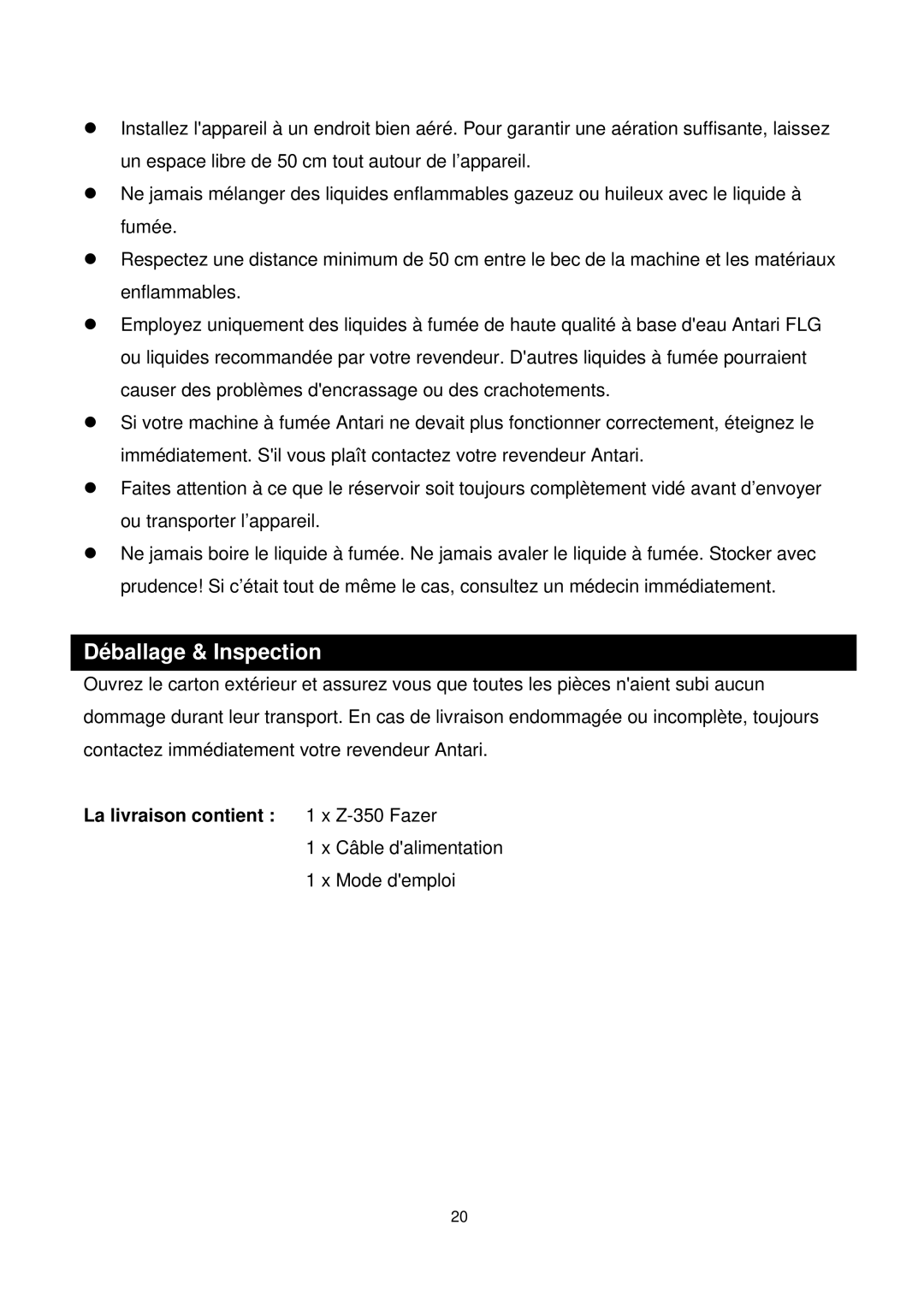 Antari Lighting and Effects Z-350 user manual Déballage & Inspection 