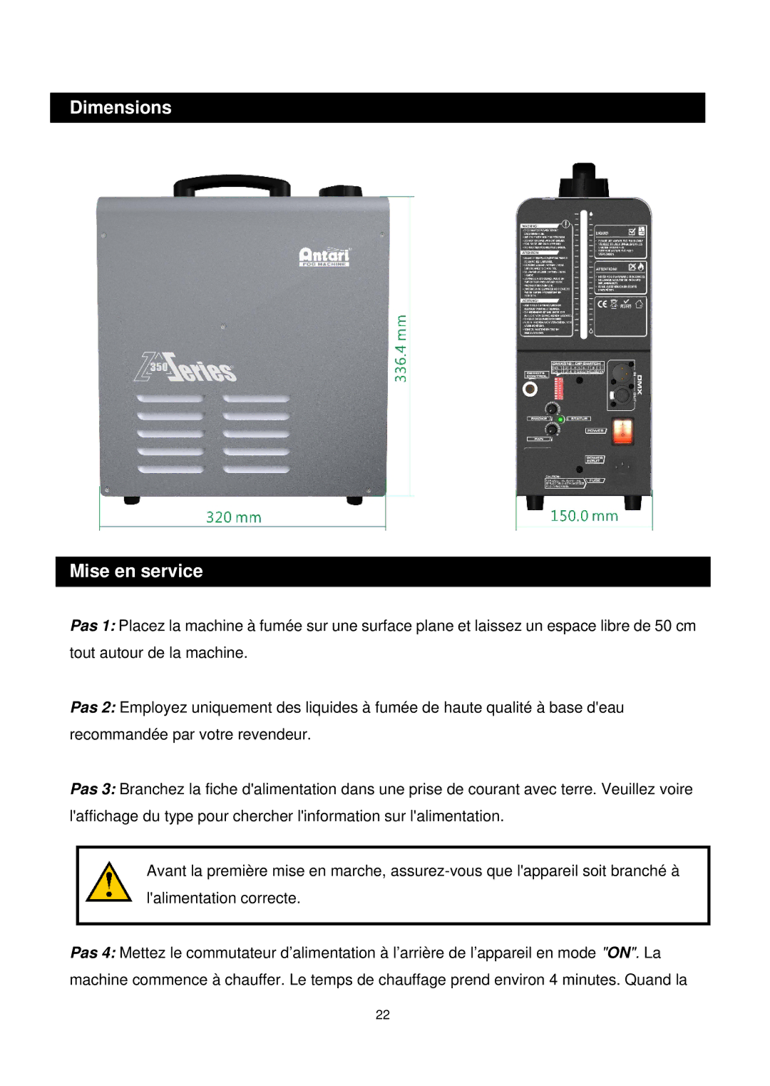 Antari Lighting and Effects Z-350 user manual Dimensions Mise en service 