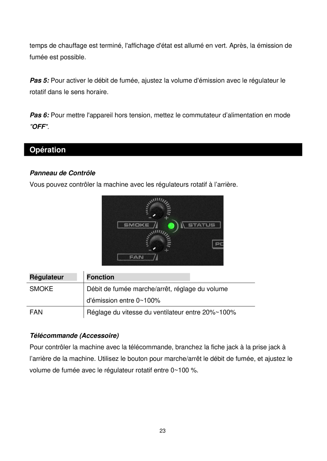 Antari Lighting and Effects Z-350 user manual Opération, Panneau de Contrôle, Télécommande Accessoire 