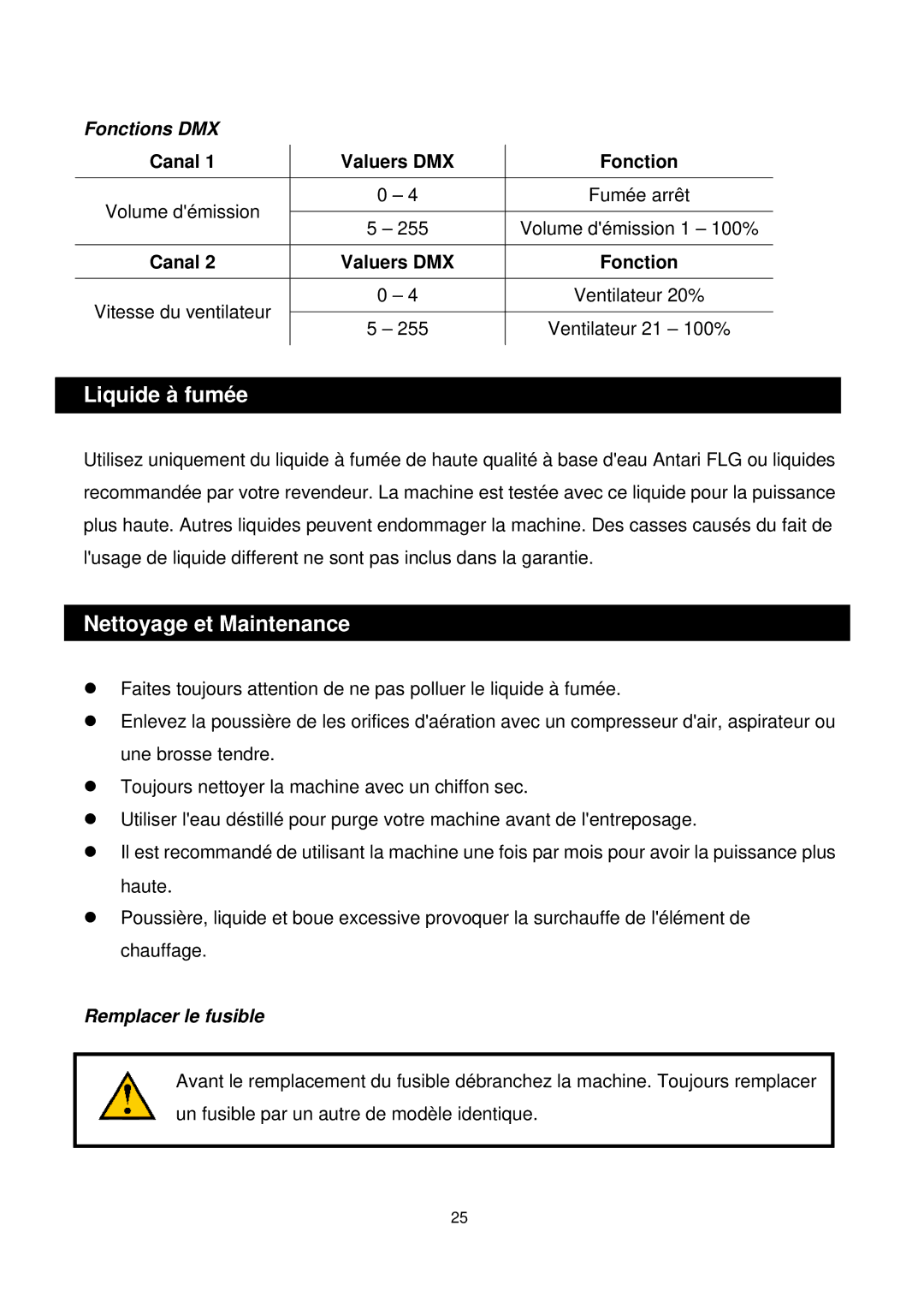 Antari Lighting and Effects Z-350 Liquide à fumée, Nettoyage et Maintenance, Fonctions DMX, Remplacer le fusible 