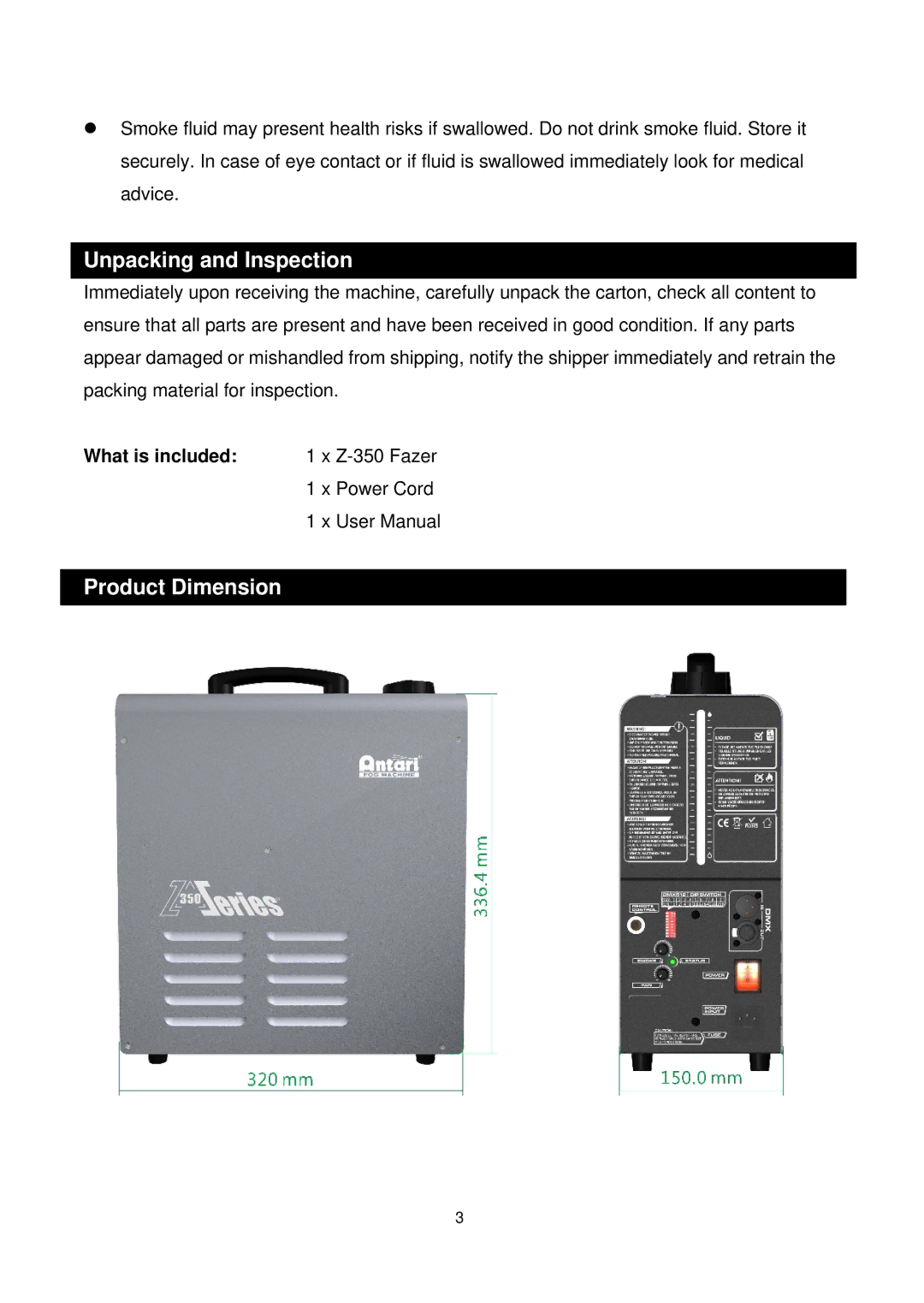 Antari Lighting and Effects Z-350 user manual Unpacking and Inspection, Product Dimension 