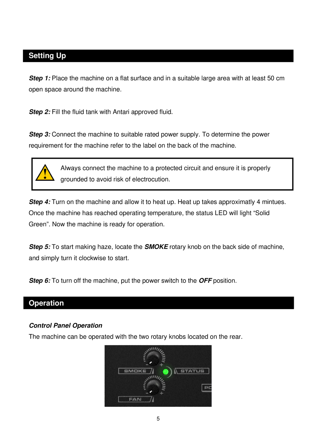 Antari Lighting and Effects Z-350 user manual Setting Up, Control Panel Operation 