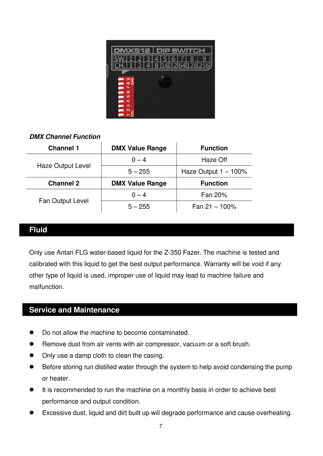 Antari Lighting and Effects Z-350 user manual Fluid, Service and Maintenance 