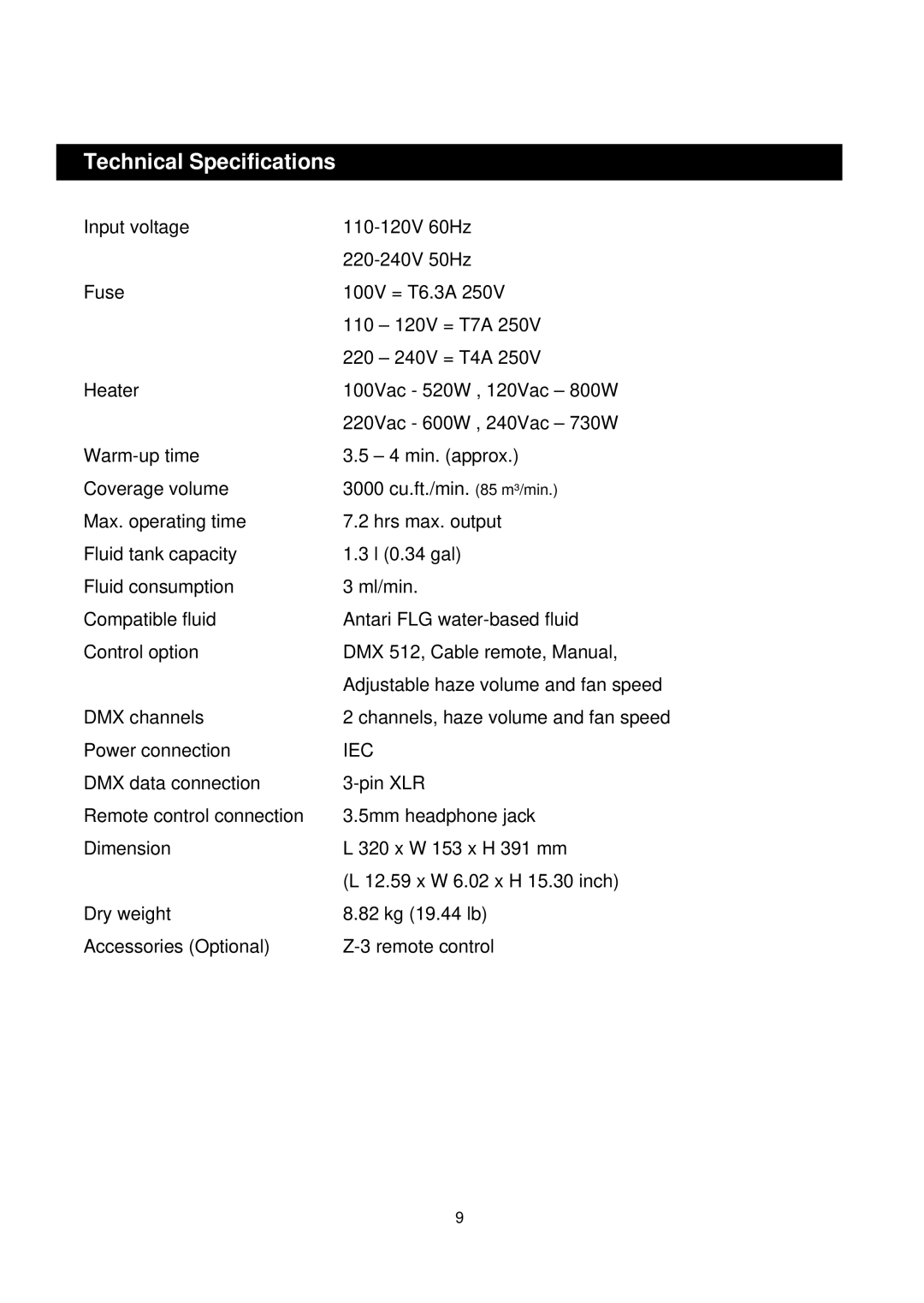 Antari Lighting and Effects Z-350 user manual Technical Specifications, Iec 