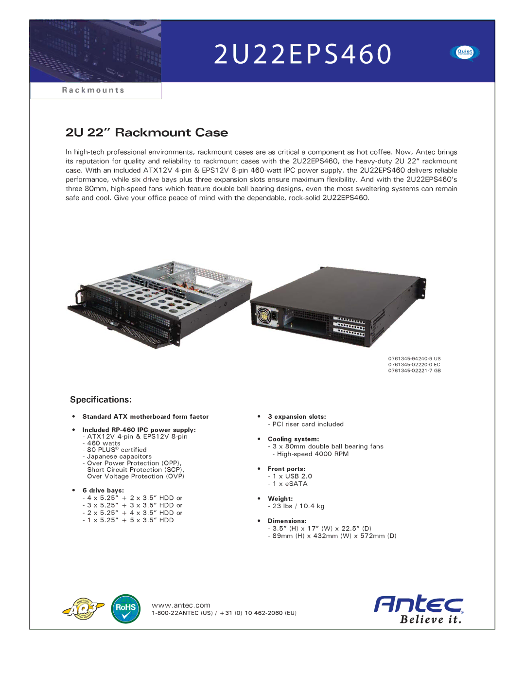 Antec 0761345-94240-9, 0761345-02221-7, 0761345-02220-0 specifications 2U22EPS460, 2U 22 Rackmount Case, Specifications 